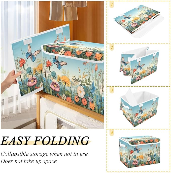xigua Colorful Flower Pattern Storage Bins with Lids and Carrying Handle,Foldable Storage Boxes Organizer Containers Baskets Cube with Cover for Home Bedroom Closet Office - Image 4
