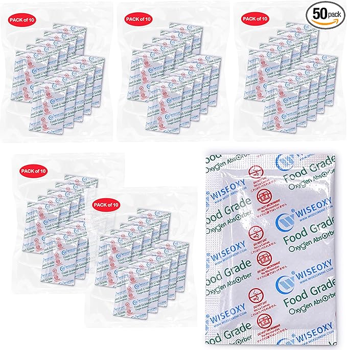 500CC Oxygen Absorbers for Food Storage, 50 Packs (10 Per Vacuum Bag), Large Size Long Lasting O2 Absorbers for Mylar Bags, Mason Jars, Freeze Dryer & Long Term Food Preservation by Wisesorb