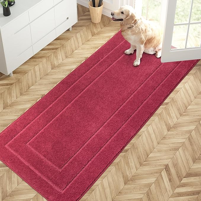 PURRUGS Dirt Trapping Door Mat 32" x 70", Non-Slip/Skid Machine Washable Entryway Rug, Dog Doormat, Super Absorbent Welcome Mat for Muddy Wet Shoes and Paws, Burgundy Red by PURRUGS