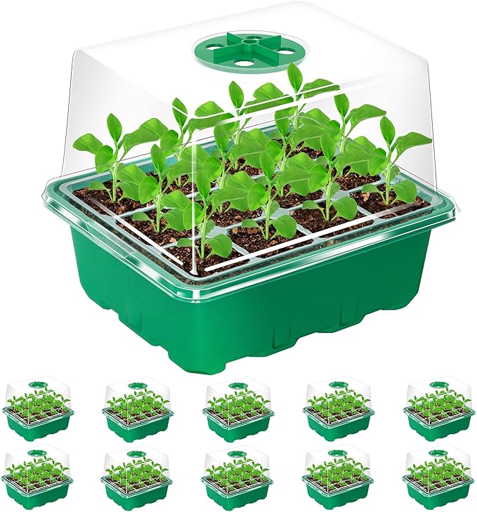 Bonviee 10 Packs Seed Starter Tray with Elevated Lid, 120 Cells Thicken Seed Starting Trays Kit with Adjustable Humidity Vent, Clear Cell Tray and Heightened Lids for Greenhouse & Gardens, Green by BonvieeDirect