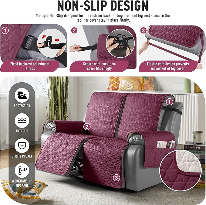 TAOCOCO 100% Waterproof Recliner Cover, Non-Slip Washable Reclining Couch Cover with Elastic Leg Straps, Furniture Protector for Dogs (Wine, 2 Seater) - Image 5