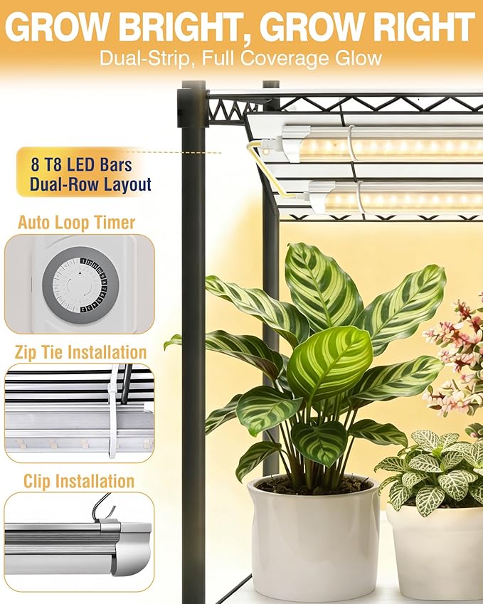 PYY Indoor Greenhouse with Grow Light - Heavy Duty 8 T8 3000K Grow Lights with 3 Color Modes, 6 Tier Plant Stand with Mechanical Timer, Thermometer and 4 Wheels for Planting (27.6"×15.7"×70.9" inch) - Image 5