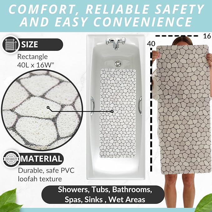 Non Slip Bathtub Mat Shower Mat for Tub - Loofah Bath Mats for Bathroom - 40x16 Bathtub Floor Mat - Textured Anti Slip Bath Mat Without Suction Cups - Secure Mat for Wet Areas (40x16 Pebble) - Image 3