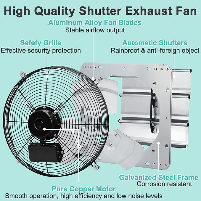 14 Inch Shutter Exhaust Fan, High Power Wall Mount Attic Fan with Thermostat and Speed Controller for Greenhouses, Sheds, Garages, Chicken Coops, Barns Ventilation, 1088 CFM - Image 8