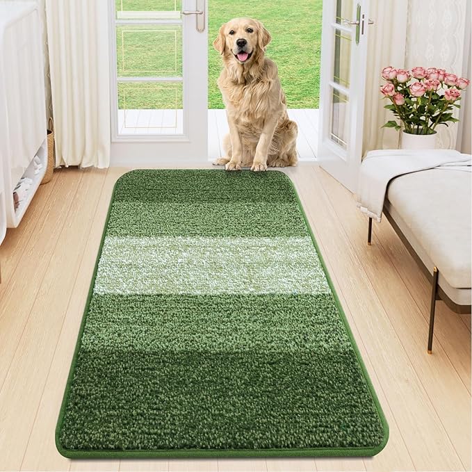 Smiry Dog Door Mat for Muddy Paws, Absorbs Moisture and Dirt, Low-Profile Entryway Mat with Non-Slip Backing, Entry Indoor Outdoor Doormat for Inside Floor (47x20 Inches, Green, Striped) by Smiry