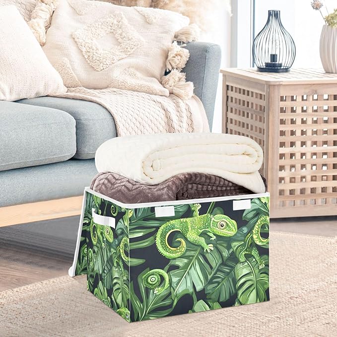 xigua Green Chameleons Storage Bins with Lids and Carrying Handle,Foldable Storage Boxes Organizer Containers Baskets Cube with Cover for Home Bedroom Closet Office Nursery - Image 5