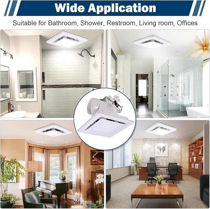 FEITON Square Bathroom Exhaust Fan with LED Light, 110 CFM 30W 4 Inch Duct, 110-220V 1.0 Sones Quiet Bathroom Ventilation Fan Light Combo Ceiling Mount - Image 7