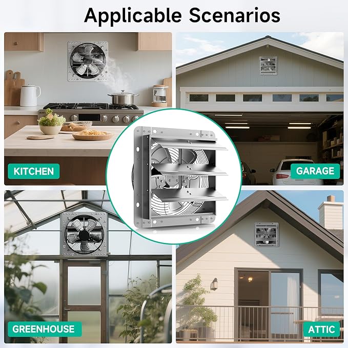 12 Inch Shutter Exhaust Fan，Automatic Shutter with ON/OFF Switch, 1430 CFM High-Speed Vent Fan, 1400 RPM Wall Mounted Attic Fan for Shed, Garage, Greenhouse Ventilation - Image 7
