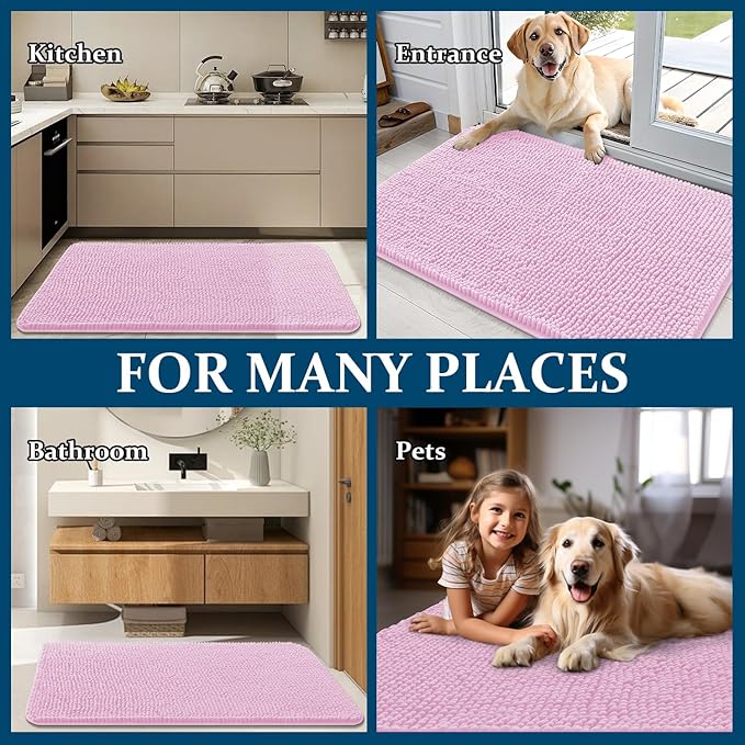 OLANLY Dog Door Mat for Muddy Paws 44x24, Absorbs Moisture and Dirt, Absorbent Non-Slip Washable Doormat, Quick Dry Chenille Mud Mat for Dogs, Entry Indoor Entryway Carpet for Inside Floor, Pink - Image 8