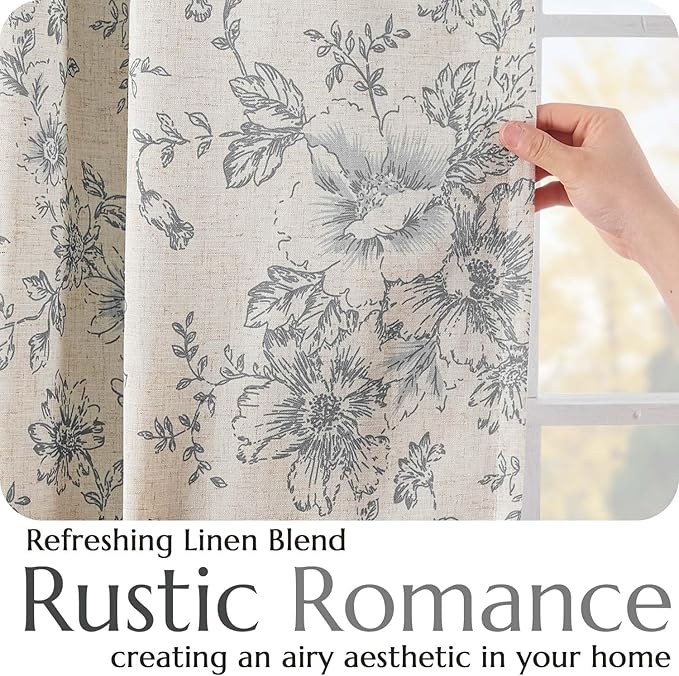 jinchan Blackout Linen Blend Curtain Gray Floral Blackout Curtains for Living Room 96 Inch Length Grey Printed with Lined Blackout Curtain for Bedroom Farmhouse Curtains Set 2 Panels - Image 4