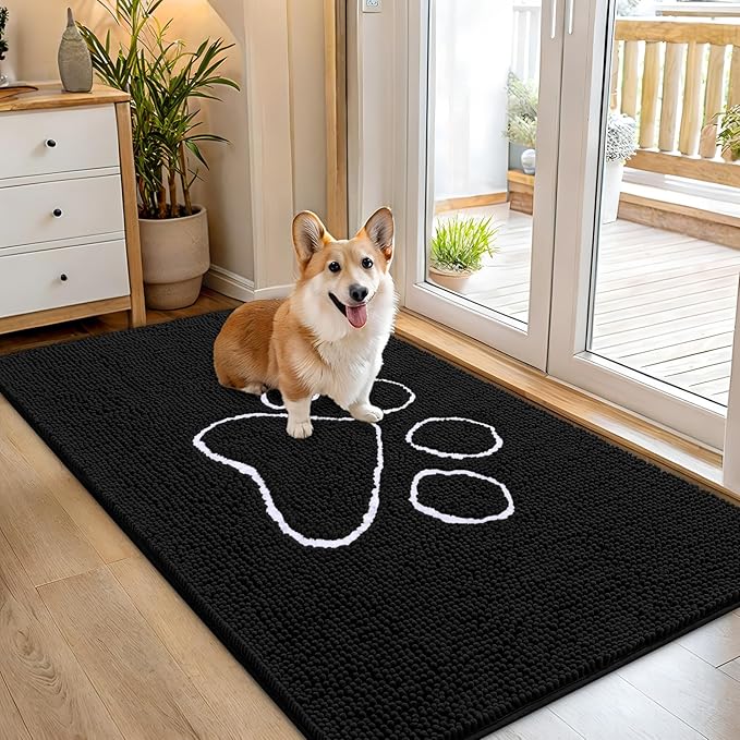 OLANLY Dog Door Mat for Muddy Paws 54x32, Paw Print Design, Absorbs Moisture and Dirt, Absorbent Non-Slip Washable Doormat, Quick Dry Chenille Mud Mat for Dogs, Entry Indoor Entryway Carpet, Black by OLANLY