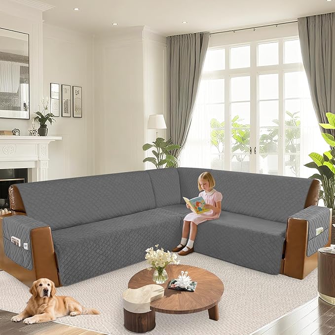 Arfntevss Waterproof Sectional Couch Covers L Shape Washable Velvet Sofa Cover for Sectional Non Slip Large Corner Slipcovers Dog 6 Pcs Universal U Shaped Furniture Protector (Dark Grey, X-Large) - Image 6