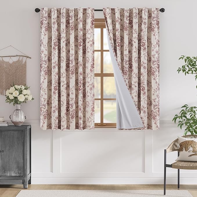 jinchan Blackout Floral Curtains Linen Blend Curtain for Living Room 63 Inch Length Farmhouse Brick Red Flower Printed Drapes for Bedroom Rod Pocket Back Tab Curtains Set 2 Panels by JINCHAN