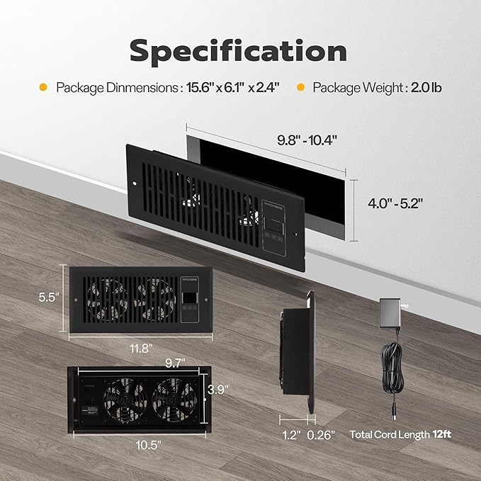 VIVOHOME Quiet Register Booster Fan with Opening 4'' x 10'' with Intelligent Thermostat 10-Speed Control, 11.8" x 5.5" Vent Cover, Smart Register Vent for Room Floor Wall, Black - Image 5