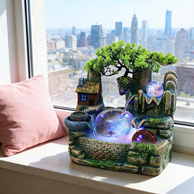 Tabletop Waterfall Fountain Humidifier with LED Light and Atomizer, Water Fountains Indoor Home Decor or est Festival Birthday Surprise for Boys, 14 Inch Desktop Small Mini Bonsai - Image 4