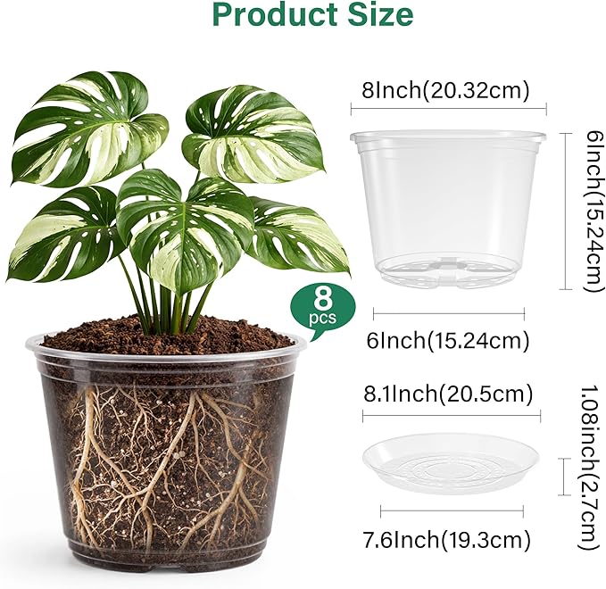 8 Packs 8 Inch Reinforced Large Clear Nursery Pots with Sacuers, Transparent Plastic Plant Pot Seedling Planter with Drainage Holes for Vegetable Propagation, Root Cutting, Seed Starting - Image 2