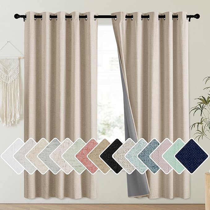 NICETOWN Cream 100% Blackout Linen Curtains 72 inch Long Burg for Playroom, 1 Pair, 62" Width Each Panel, Farmhouse Thick Completely Blackout Window Treatment Thermal Insulated Drapes by NICETOWN