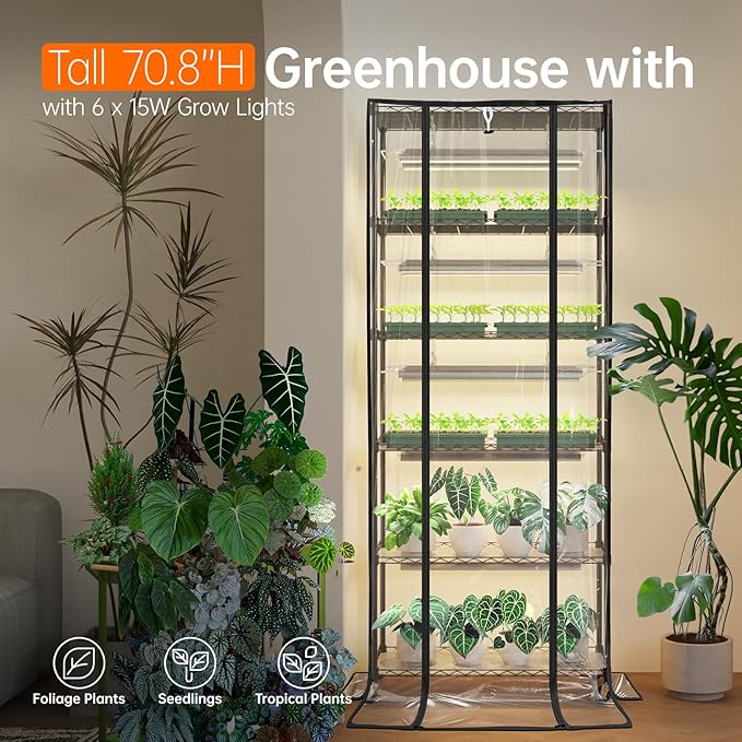 Bstrip 71" Indoor Greenhouse with Grow Light, 6-Tier DIY Plant Shelf with Adjustable Rack and Wheels, 8-Pack 192W Full Spectrum LED Plant Light for Indoor Plants, Seed Starting, (29.5" L x 13.8" W) - Image 2