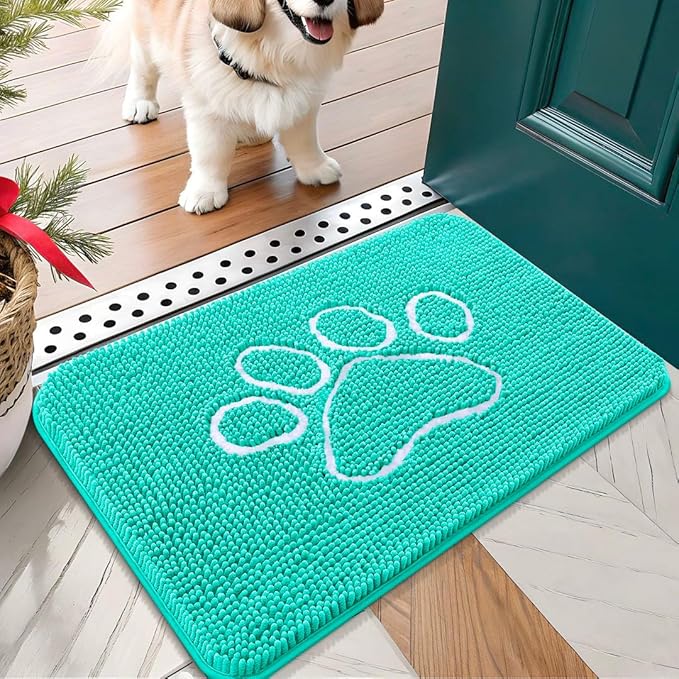 OLANLY Dog Door Mat for Muddy Paws 24x16, Paw Print Design, Absorbs Moisture and Dirt, Absorbent Non-Slip Washable Doormat, Quick Dry Chenille Mud Mat for Dogs, Entry Indoor Entryway Carpet, Teal by OLANLY
