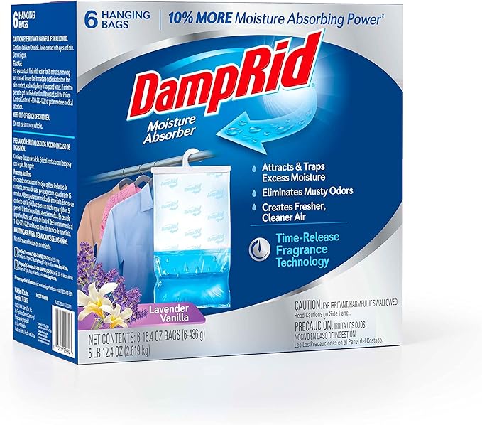 DampRid Lavender Vanilla Hanging Moisture Absorber, 15.4 oz., 6 Pack* & Fresh Scent Disposable Moisture Absorber, 10.5 oz., 3 Pack – Attracts & Traps Excess Moisture, White - Image 2