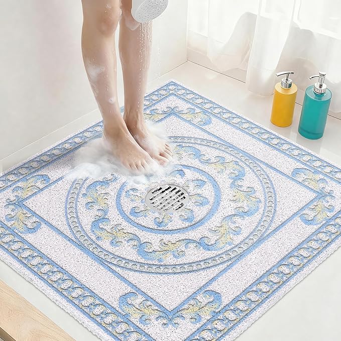 Square Shower Mat Non Slip: 32x32 Inch Extra Large Shower Mats with Drain Hole in Middle -Anti Slip Shower Mats for Inside Shower -Loofah Shower Floor Mat Bath Mat for Shower Stall Bathtub Elderly by KAZOLEN