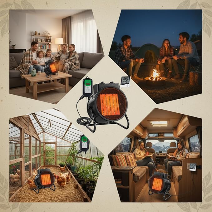 Greenhouse Heater with Thermostat & Hygrometer, 1500W/750W/24W Plant Heater Fan, Adjustable Temperature 40°F-108°F Patio Heaters for Outdoor Use Tents Winter Grow Garage Indoor(Black,2 Pack) - Image 5