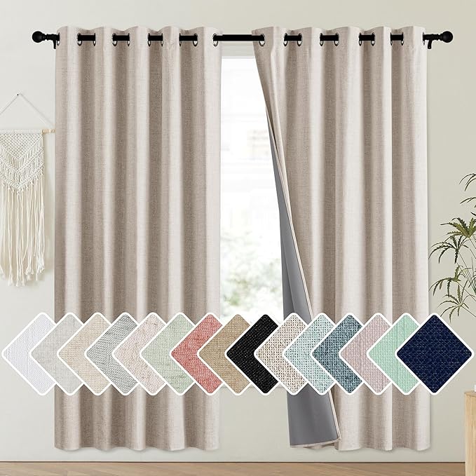 NICETOWN Oatmeal Vintage Open Linen Weave Flax Thermal Curtains, 100% Blackout Curtains 72" Long for Dining Room, Soundproof Window Treatment Drapes for Laundry Room, 62" Wide Per Panel, Set of 2 by NICETOWN