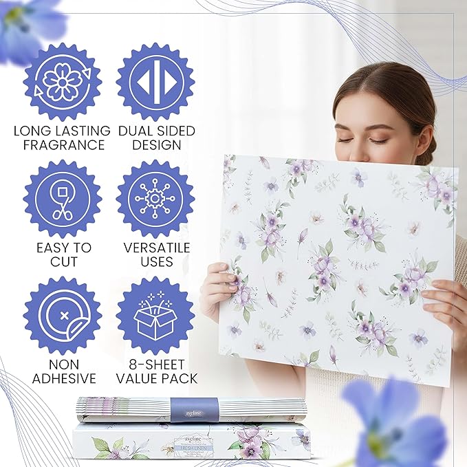 8X Linen Scented Drawer Liners for Dresser - Non Adhesive Cabinet Liners for Shelves - Double-Sided Pattern Kitchen Shelf Liners - Shelf Paper for Bathroom, Cupboard & Closets are Ideal Winter Gift - Image 2