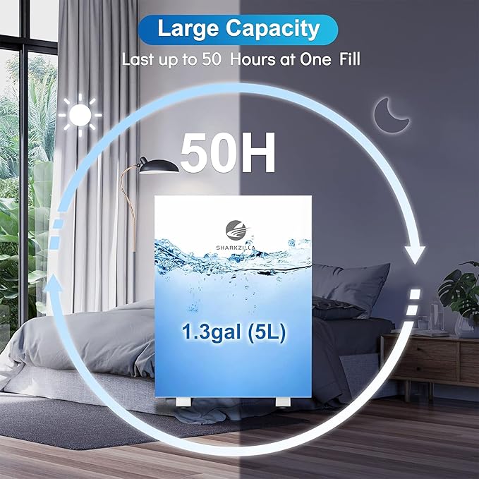 SHARKZILLA Evaporative Humidifiers for Bedroom, 1.3Gallon No Mist Humidifiers for Baby, Top Fill Air Humidifier with Filter, Timer, Quiet - Image 6