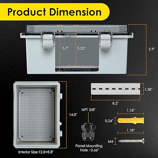 Waterproof Electrical Junction Box, IP67 Plastic Weatherproof Electrical Enclosure with Aluminum DIN Rail, Mounting Plate, Wall Brackets for DIY Project WiFi, Clear (13.8''×9.8''×5.9") - Image 3