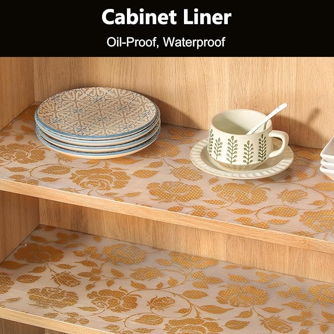 INNOLITES Shelf Liner for Cabinets, Non-Adhesive for Kitchen Drawer Liner, Waterproof Shelf Paper with Floral Pattern, Durable Easy to Clean (Golden Rose, 17.7" x 197") - Image 2