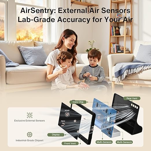 bonoch 16 in 1 Air Quality Monitor Indoor 7" Display 9 AQI+7 AQI Alerts, CO2 Monitor Air Quality Tester for CO2, TVOC, PM2.5 PM1.0 PM10, HCHO Temperature Humidity AQI & Time Air Quality Meter for Home - Image 3