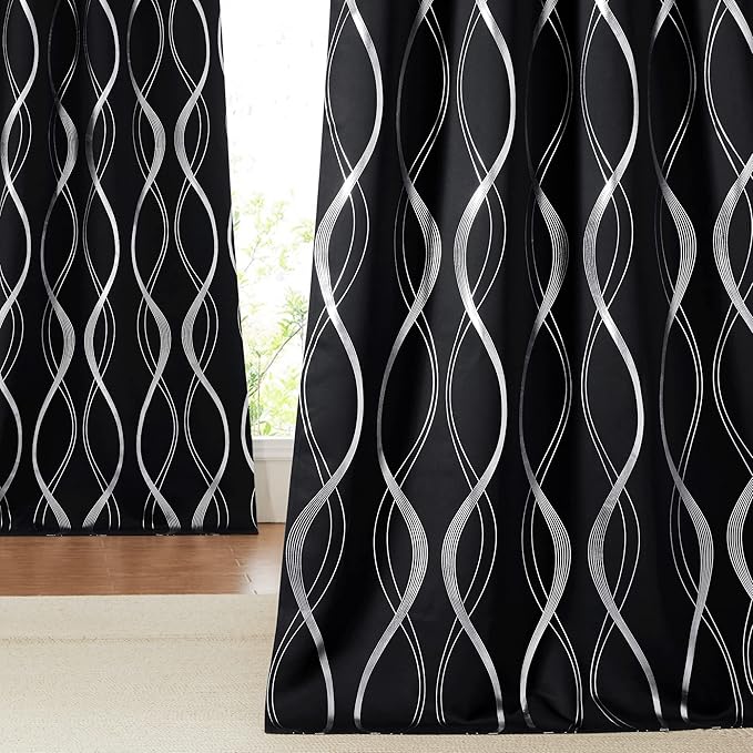 NICETOWN Black Out Curtains 120 inch Long 2 Panels Burg, 52x120 Extra Long Blackout Drapes for Living Room Office Window, Foil Printed Wave Lines Energy Saving Thermal Insulated Draperies for Bedroom by NICETOWN