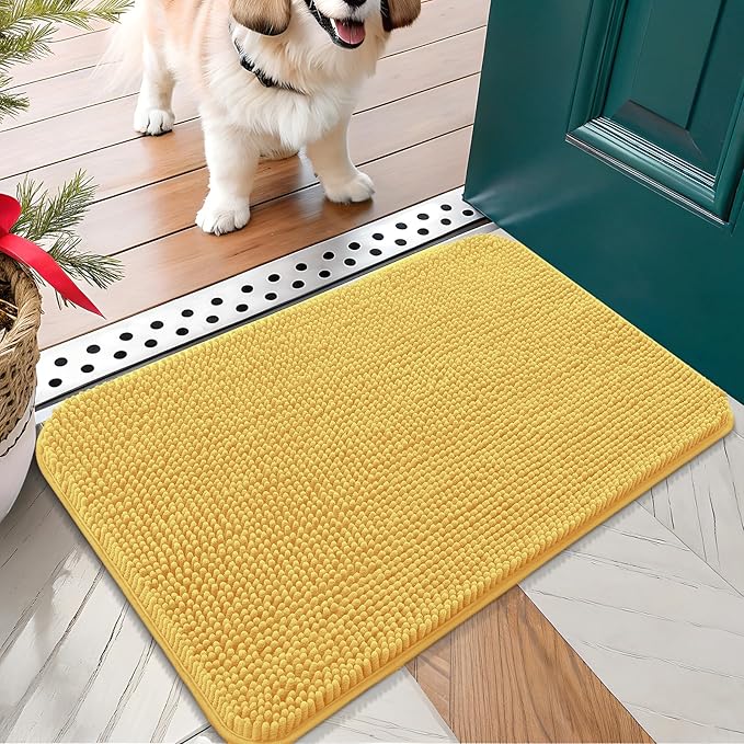 OLANLY Dog Door Mat for Muddy Paws 24x16, Absorbs Moisture and Dirt, Absorbent Non-Slip Washable Doormat, Quick Dry Chenille Mud Mat for Dogs, Entry Indoor Entryway Carpet for Inside Floor, Yellow by OLANLY