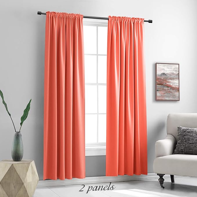 DONREN 90 Inch Length Blackout Curtains Rod Pocket Curtain Panels - Thermal Insulated Curtains for Living Room (52 W x 90 Inches Long,Coral,2 Panels) - Image 2