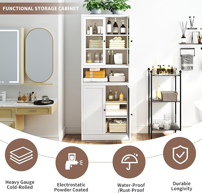 Kitchen Pantry Cabinet with Microwave Stand, 72" Tall Kitchen Hutch Storage Metal Pantry for Kitchen Dining Room Living Room Bathroom,Assembly Required (White) - Image 3