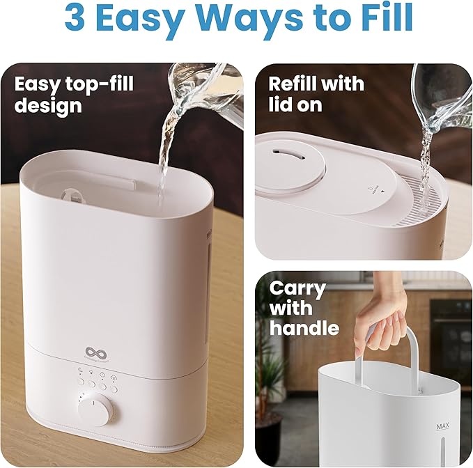 Everlasting Comfort 6L Top Fill Humidifier for Bedroom – Quiet, Easy to Fill & Clean, 60HR Runtime, Night Light, Timer, Ultrasonic Cool Mist, Auto Shut-Off, Essential Oil Compatible - White - Image 5