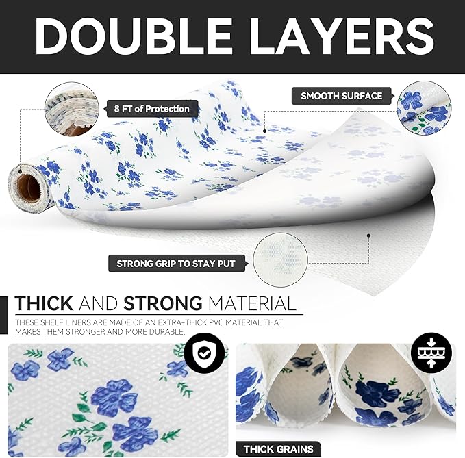 RAY STAR Shelf Liner, Non Adhesive Blue Floral Printed Kitchen Cabinet Liner for Pantry Drawer Vanity, Strong Grip Non Slip, Shelf Liners for Kitchen Cabinets Cupboard 18 Inch x 8 FT (3 Rolls) - Image 7