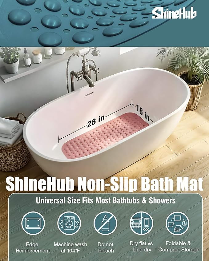 Non-Slip Bath Mat for Tub Shower, TPE Machine Washable Bathroom Essentials with Suction Cups, Quick-Dry 28x16 inch (Dusty Blossom Pink) - Image 6