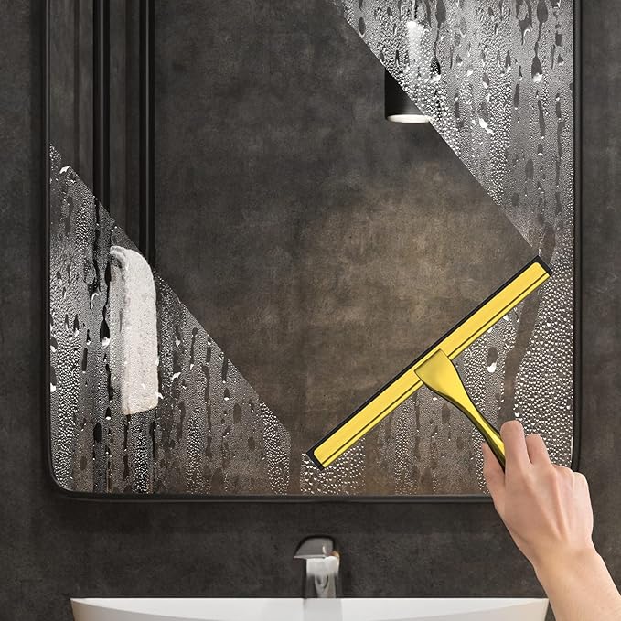 All-Purpose Stainless Steel Shower Squeegee for Shower Doors with 2 Adhesive Hooks, Bathroom Cleaner Tool Household Window Mirror Squeegee for Home Cleaning, Glass Door, Tile Wall, Car, 12 Inch Golden - Image 4