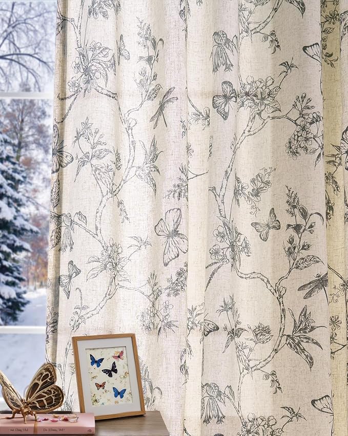 jinchan Floral Linen Curtains for Living Room 96 Inch Length Butterfly Curtain Black Floral Curtains French Country Farmhouse Curtain Flower Patterned Drapes Window Treatment Set 2 Panels - Image 2