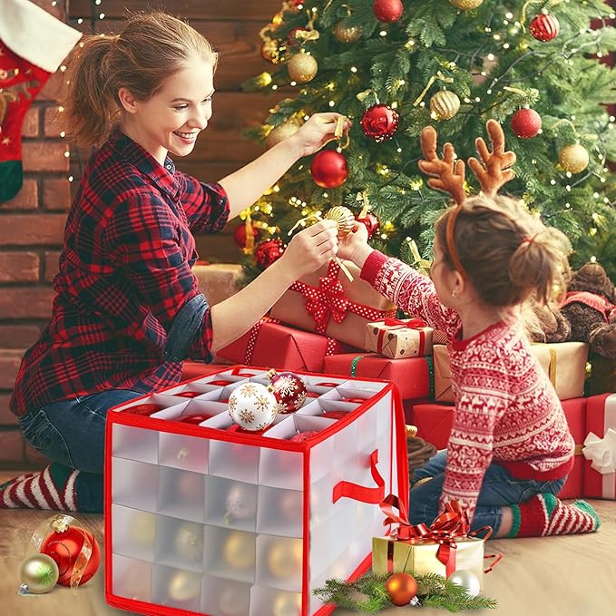 Christmas Ornament Storage Box, 64 Christmas Decoration Storage Box with Two Handles, Holiday Xmas Ornaments Box with Lid, Double-Sided Trays with Durable Zippers for Season - Image 2