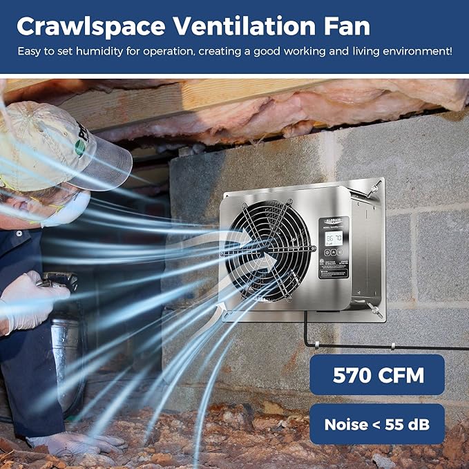 ALORAIR 570 CFM Crawl Space Ventilator Fan with Digital control, IP55 Rated Stainless Steel Exhaust Fan with Temperature Humidity Controller, Timing Cycle, Speed Control for Basement, Garage, Attic - Image 2