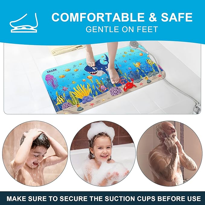 XIYUNTE Baby Bath Mat for Tub Non Slip Kids Bath Mat - 40''x16'' Extra Long Cartoon Bathtub Mat Non Slip Kids Shower Mat Eco-Friendly Toddler Bath Mats with Suction Cups, Machine Washable, Shark - Image 7