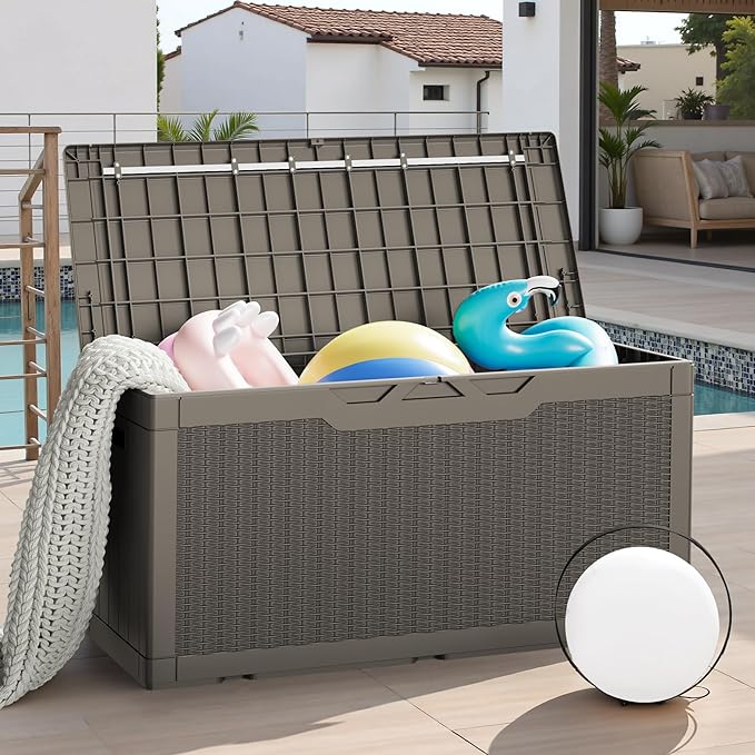 JUMMICO 100 Gallon Resin Deck Box, Waterproof Outdoor Storage Box with Lockable Lid for Garden Tools, Patio Cushions (Light Brown) - Image 6