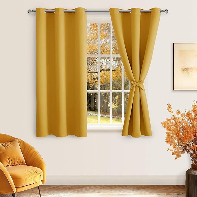 Hiasan Blackout Curtains for Bedroom - Thermal Insulated & Light Blocking Window Curtains for Living Room, 2 Drape Panels Sewn with Tiebacks, Mustard Yellow, 42 x 54 Inch - Image 2