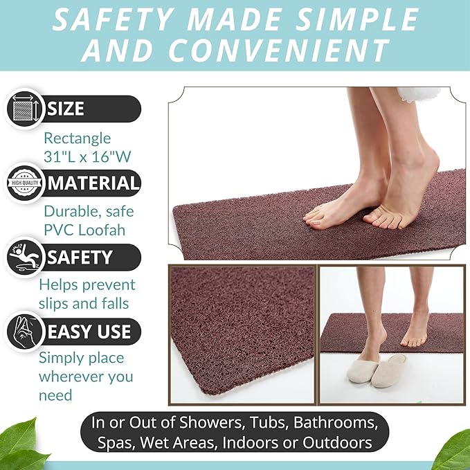 Non Slip Bathtub Mat Shower Mat for Tub - Loofah Bath Mats for Bathroom - 31x16 Bathtub Floor Mat - Textured Anti Slip Bath Mat Without Suction Cups - Secure Mat for Wet Areas (31x16 Brown) - Image 3