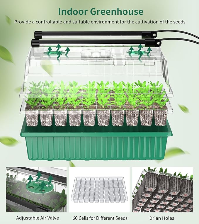Seed Starter Tray, 120-Cells Seed Starter Kit with Grow Light, 2 Pack Reusable Seeding Starter Trays with Air Vent Humidity Domes for Greenhouse Gardening Indoor Planting Growing (Green Base) - Image 3