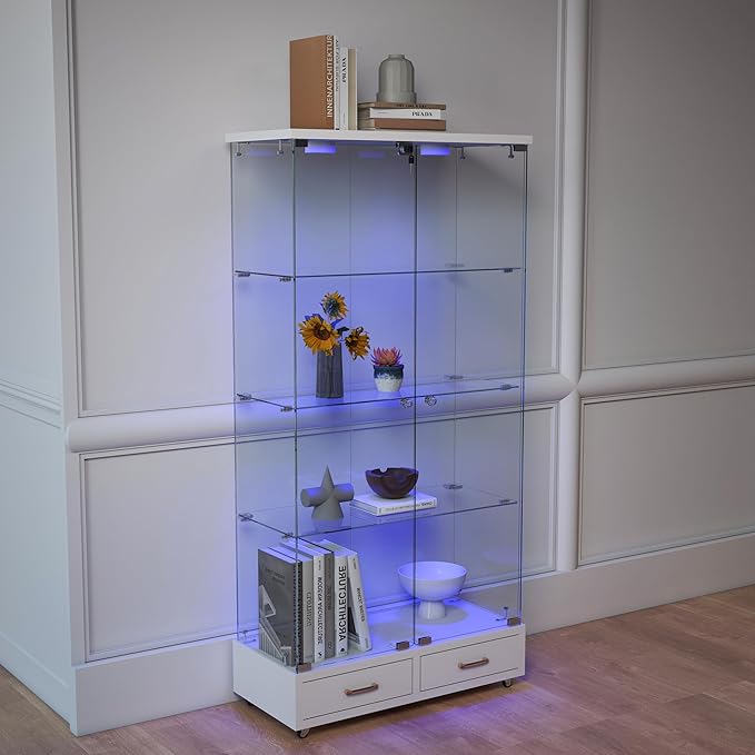 Yoluckea 4-Tier Glass Display Cabinet with LED Lighting and 2 Drawers, 2-Door Floor Standing Curio Cabinet with Wheel for Home, Office, Corner Display, White Glass Bookshelf for Collections and Decor - Image 9