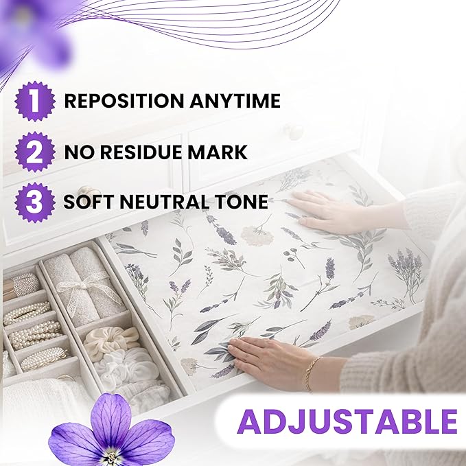 8X Lavender Scented Drawer Liners for Dresser - Scented Drawer Liner is Ideal for Cabinet, Dresser, Shelf, Cupboards - Double-Sided Pattern Non Adhesive Contact Paper for Shelves is Ideal Winter Gift - Image 3